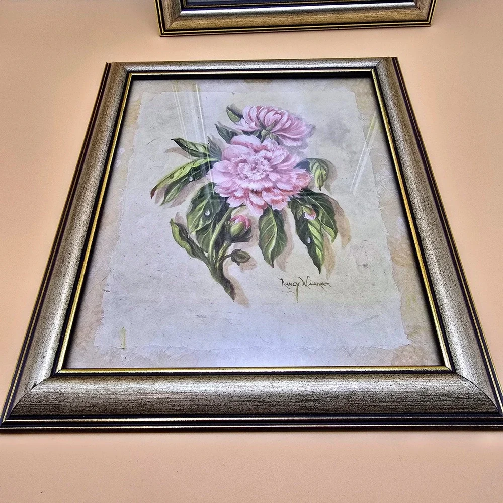 Nancy Wiseman Signed Floral Painting Pair Pink Hibiscus Peony Framed Art Set 2